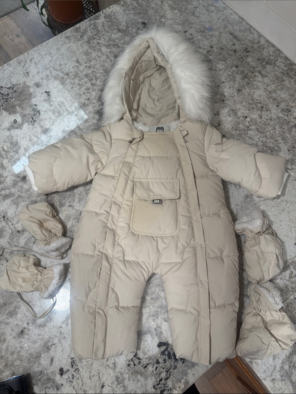 Cream Baby Puffer Snowsuit with Faux Fur Hood